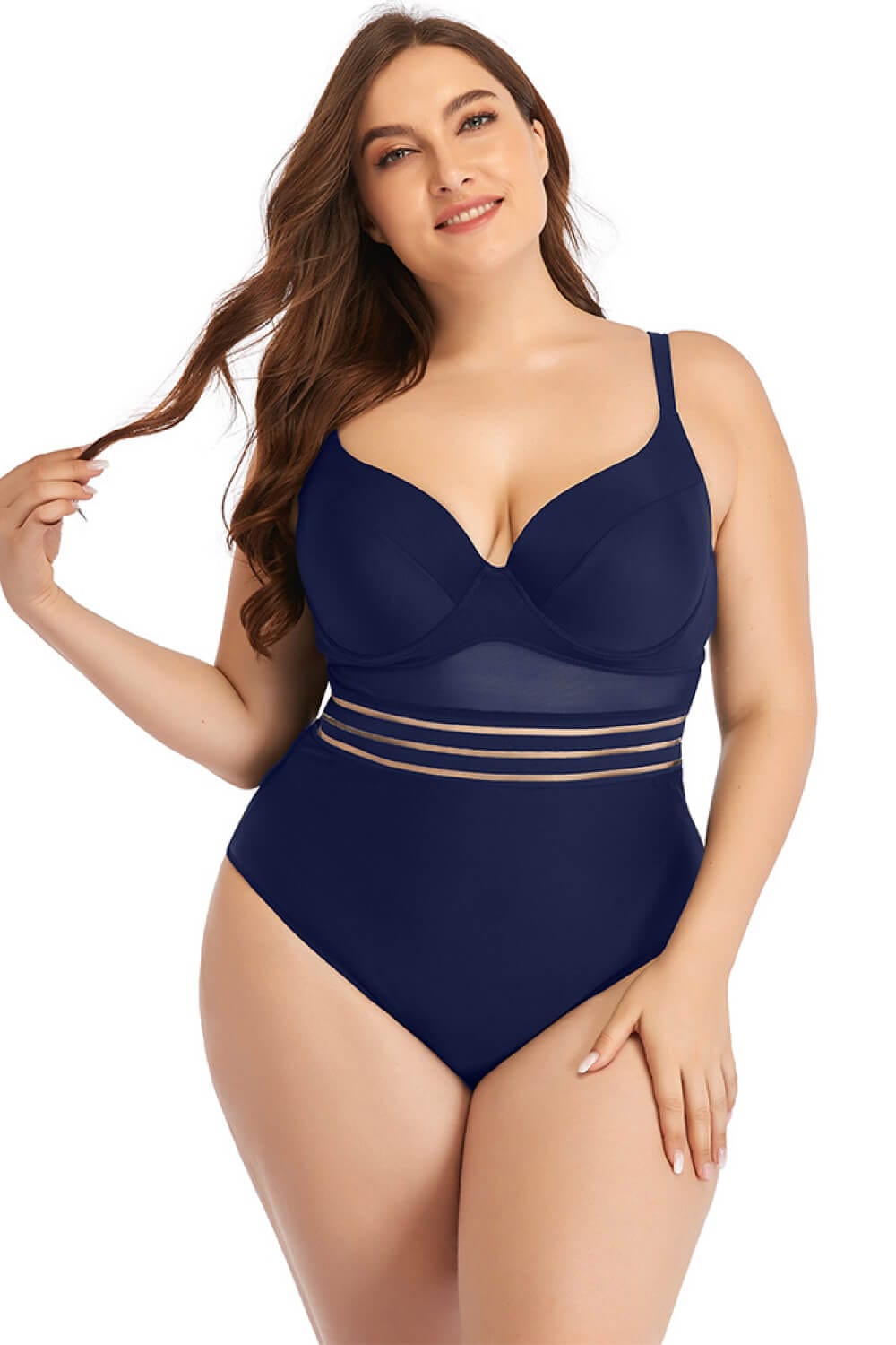 Aromel Apparel Clothing Navy / L Plus Size Spliced Mesh Tie-Back One-Piece Swimsuit