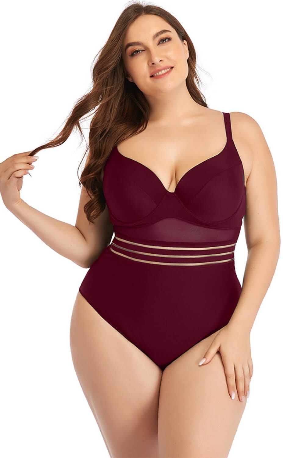 Aromel Apparel Clothing Wine / L Plus Size Spliced Mesh Tie-Back One-Piece Swimsuit