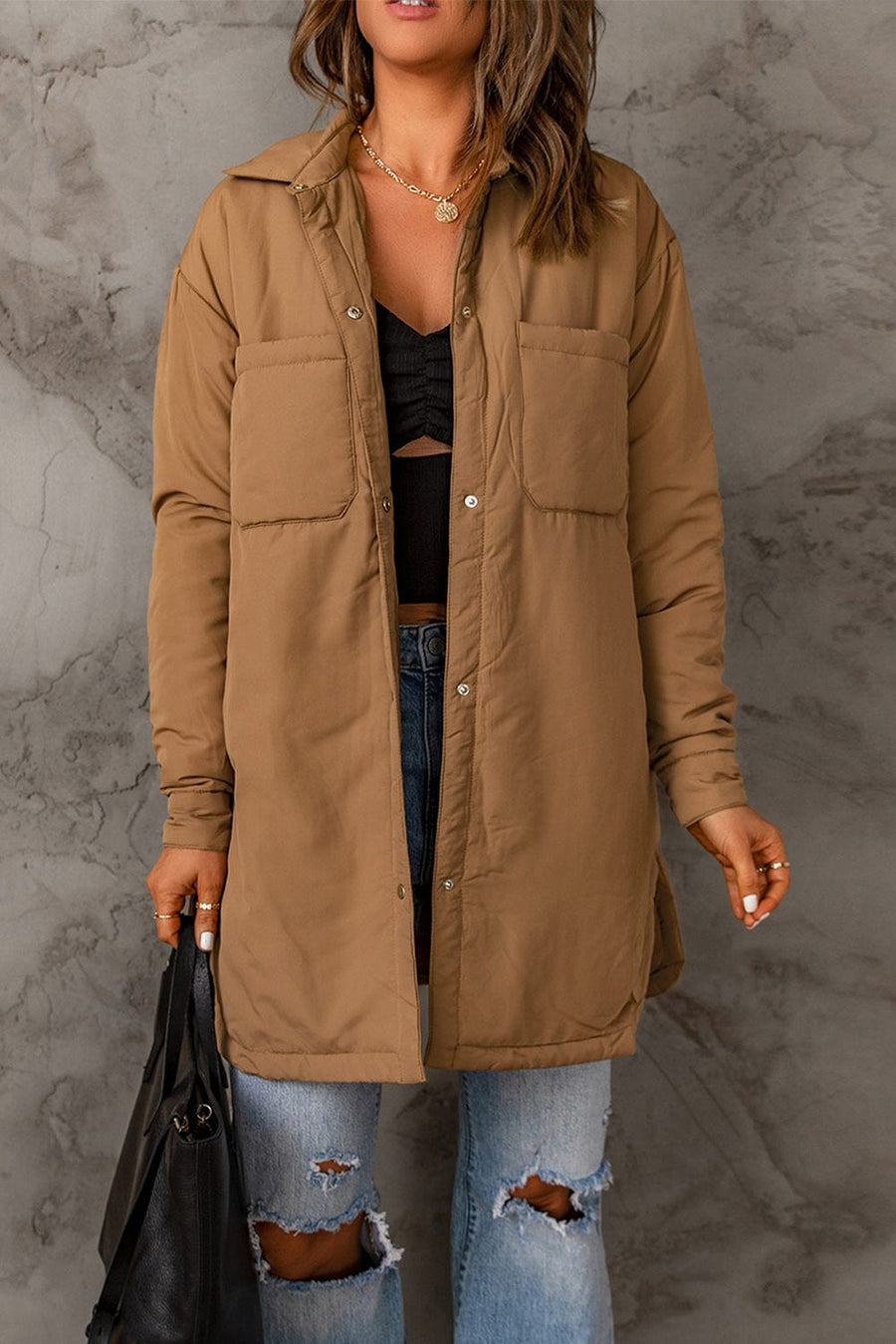 Aromel Apparel Coats & Jackets Brown / S Outerwear-Snap Down Side Slit Coat with Pockets