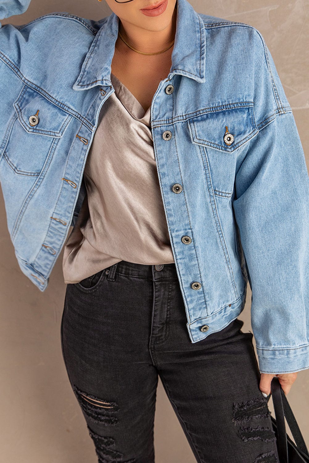 Aromel Apparel Denim Denim-Button Down Dropped Shoulder Denim Jacket