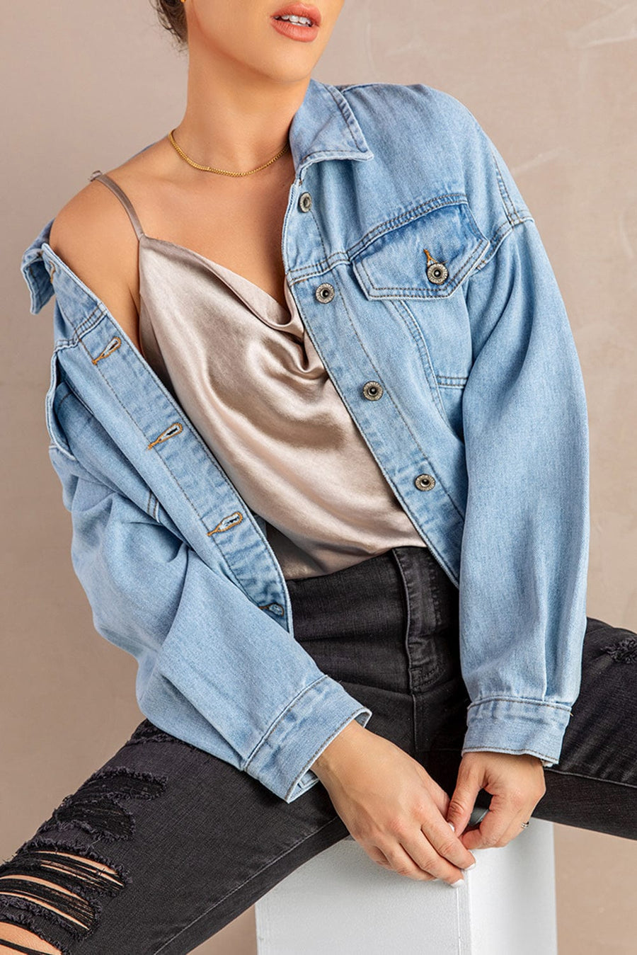 Aromel Apparel Denim Denim-Button Down Dropped Shoulder Denim Jacket