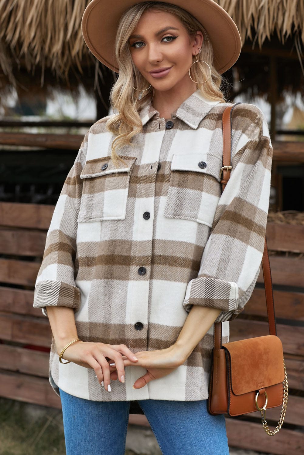 Aromel Apparel Jackets Beige/Brown / S Outerwear-Plaid Dropped Shoulder Pocket Shacket