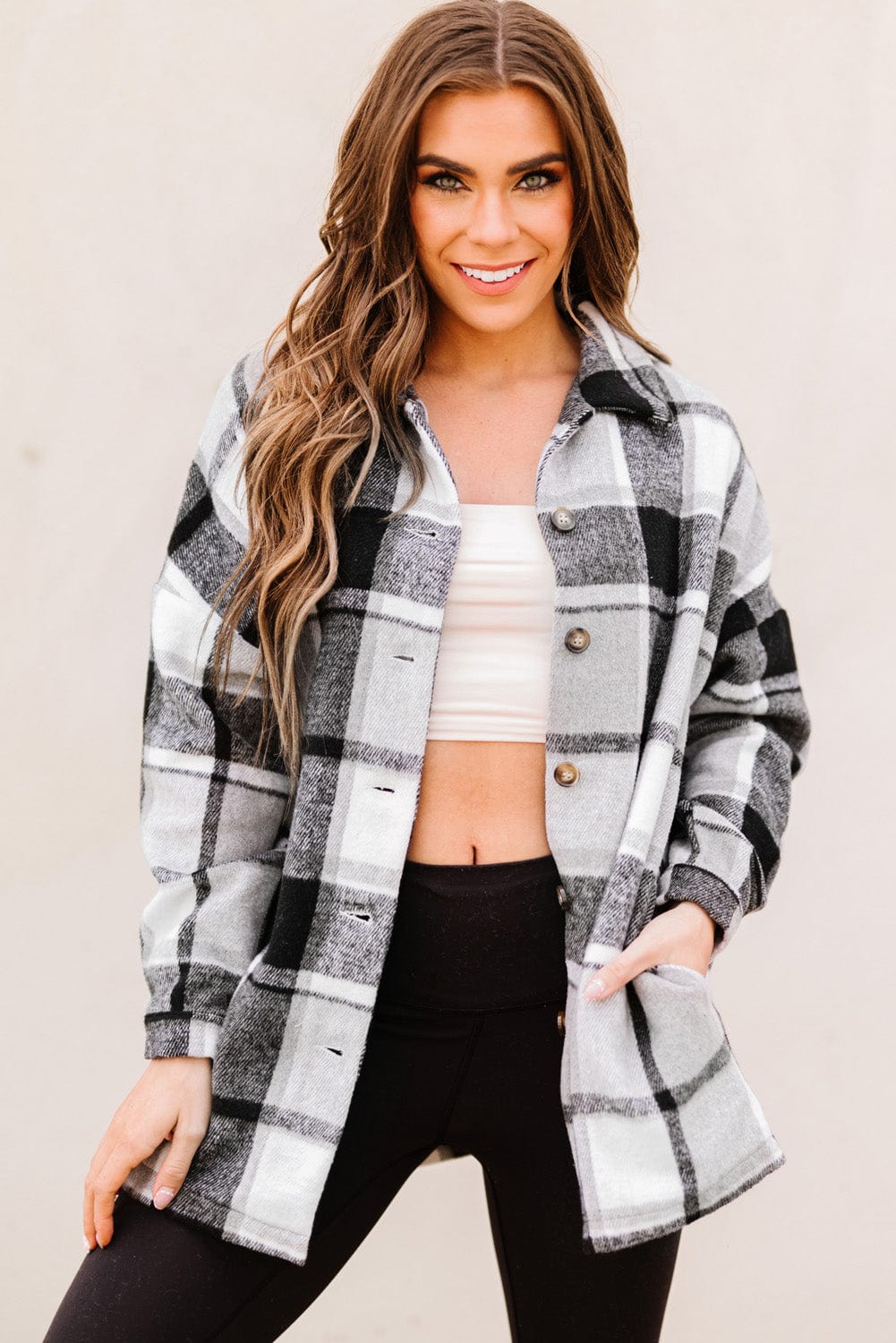 Aromel Apparel Jackets Black/Gray / S Outerwear-Plaid Dropped Shoulder Pocket Shacket