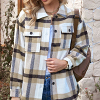 Aromel Apparel Jackets Khaki/Black / S Outerwear-Plaid Dropped Shoulder Pocket Shacket