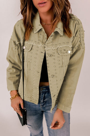 Aromel Apparel Jackets Khaki / S Outerwear-Frayed Trim Rivet Denim Jacket