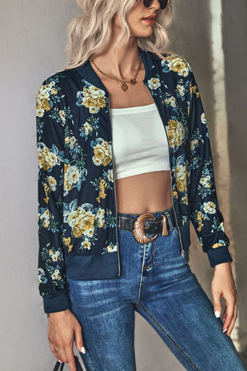 Aromel Apparel Jackets Navy / S Outerwear-Floral Zip Up Ribbed Trim Bomber Jacket