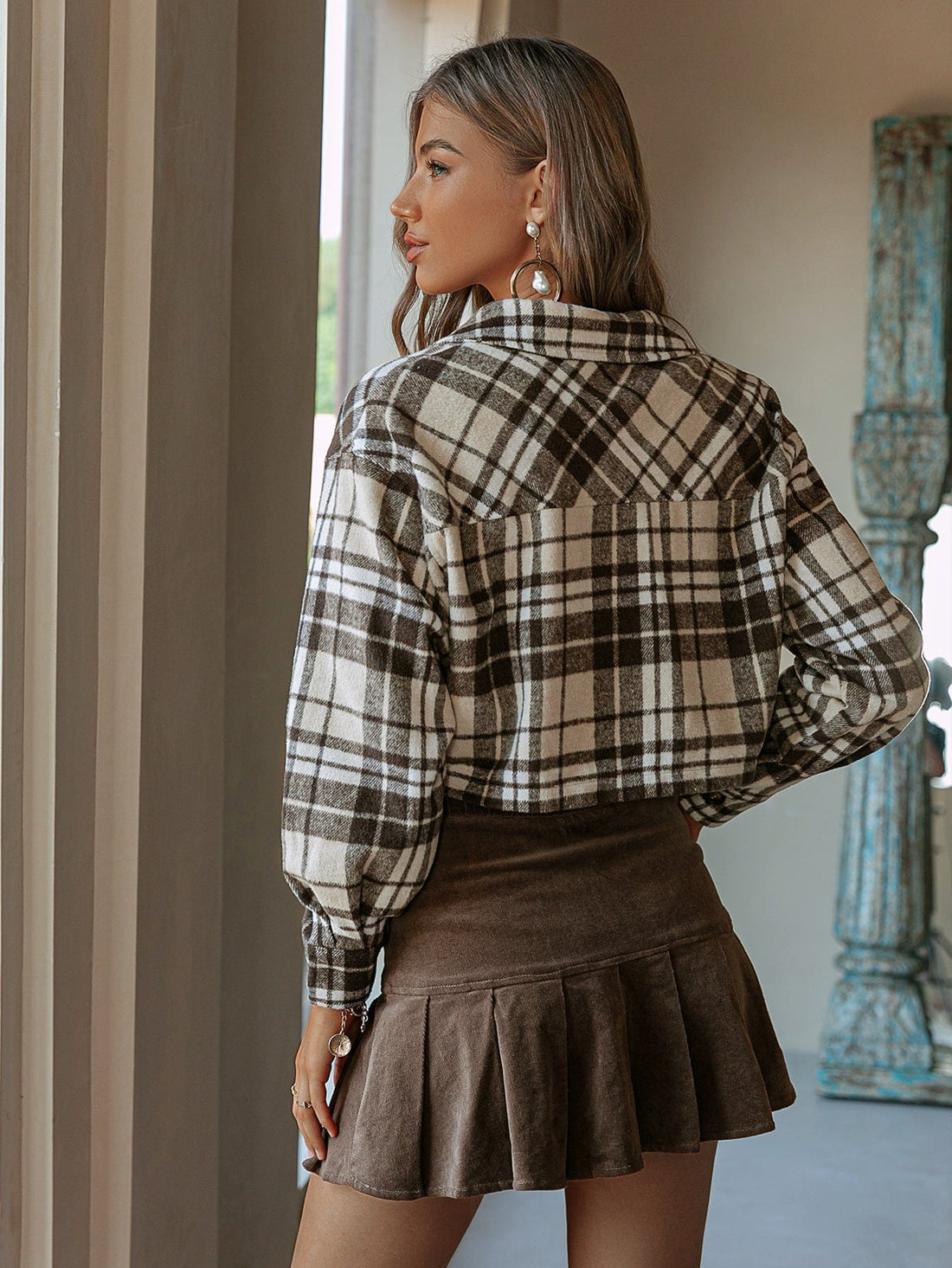 Aromel Apparel Jackets Outerwear-Plaid Button Down Cropped Shirt Jacket