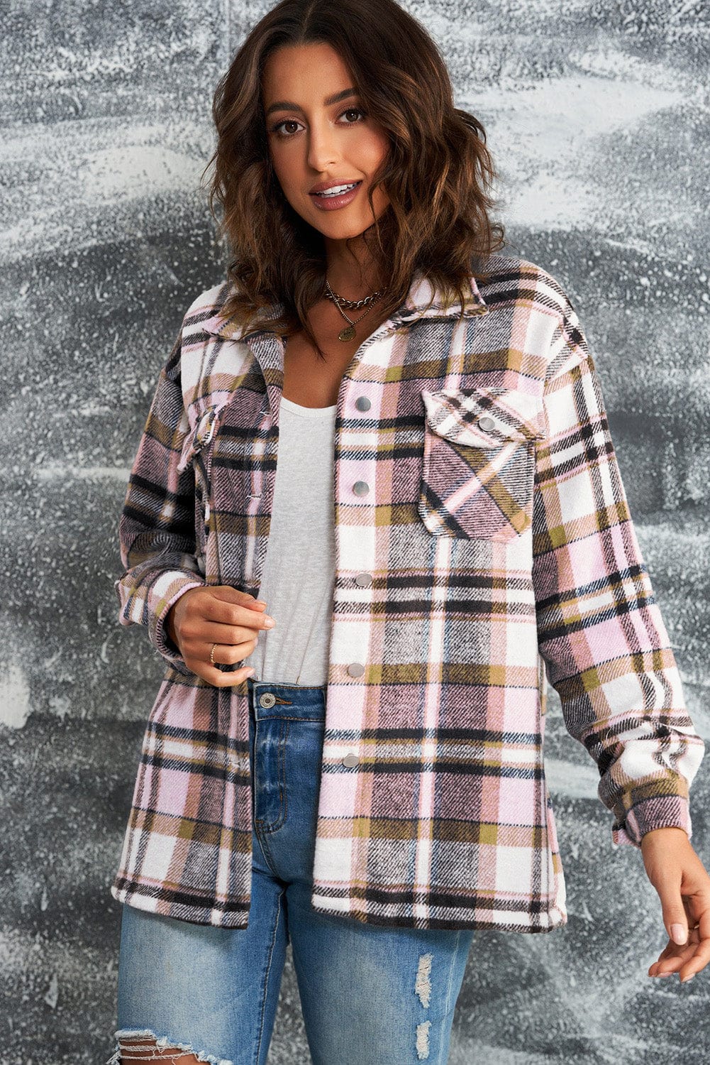 Aromel Apparel Jackets Outerwear-Plaid Button Front Shirt Jacket with Breast Pockets