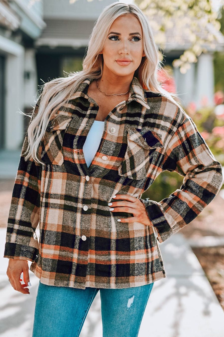 Aromel Apparel Jackets Outerwear-Plaid Button Front Shirt Jacket with Breast Pockets