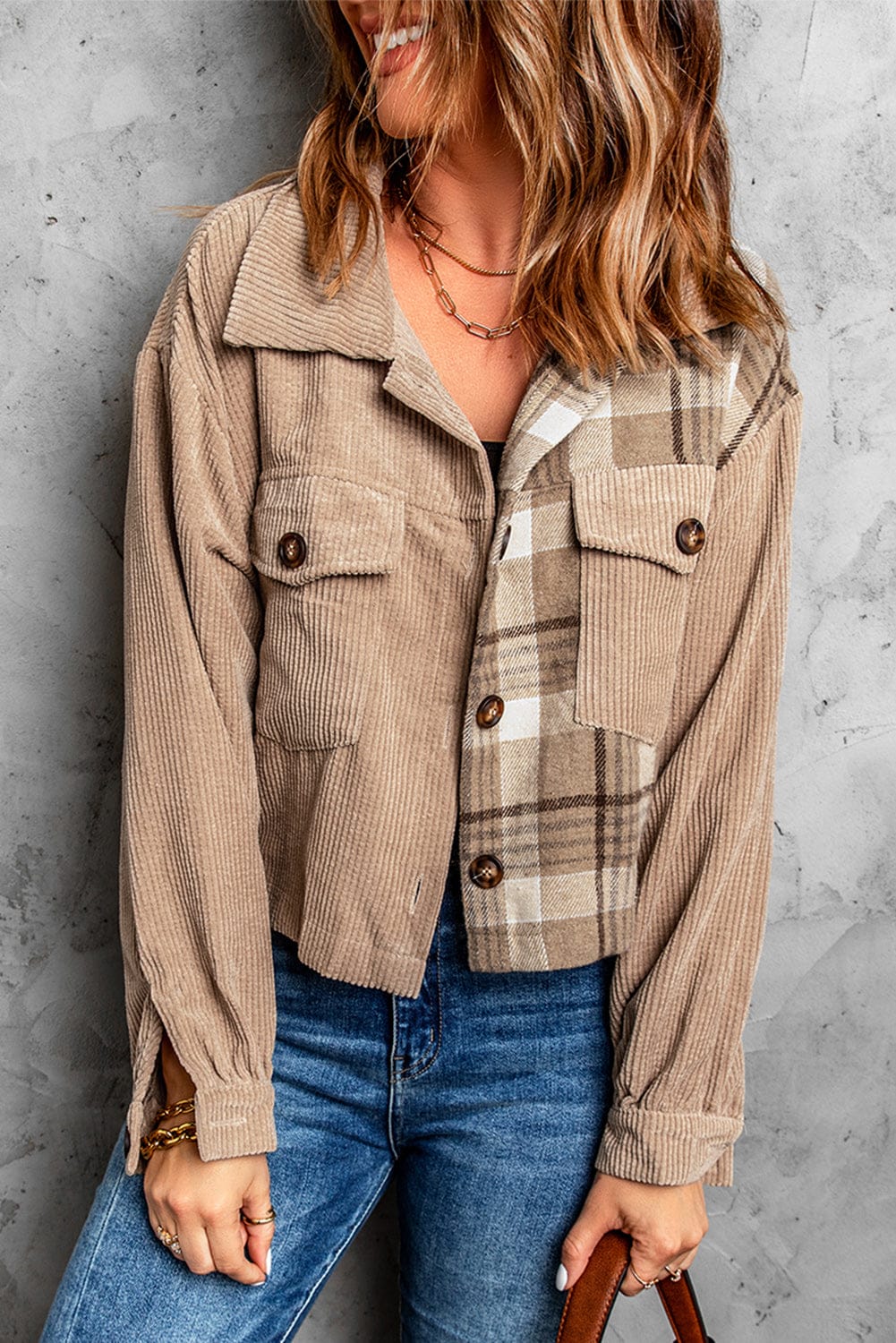 Aromel Apparel Jackets Outerwear-Plaid Corduroy Dropped Shoulder Jacket