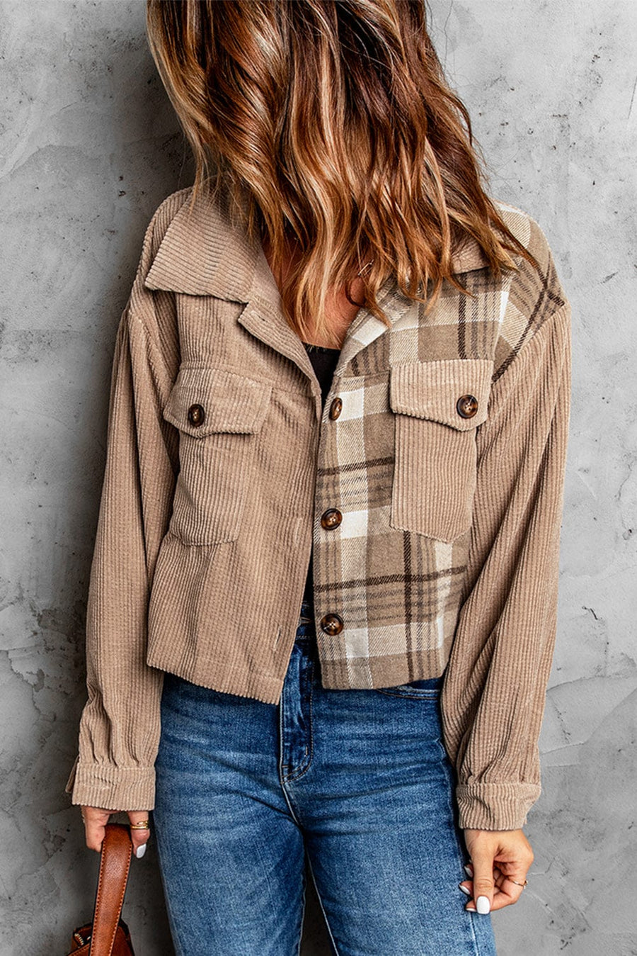 Aromel Apparel Jackets Outerwear-Plaid Corduroy Dropped Shoulder Jacket