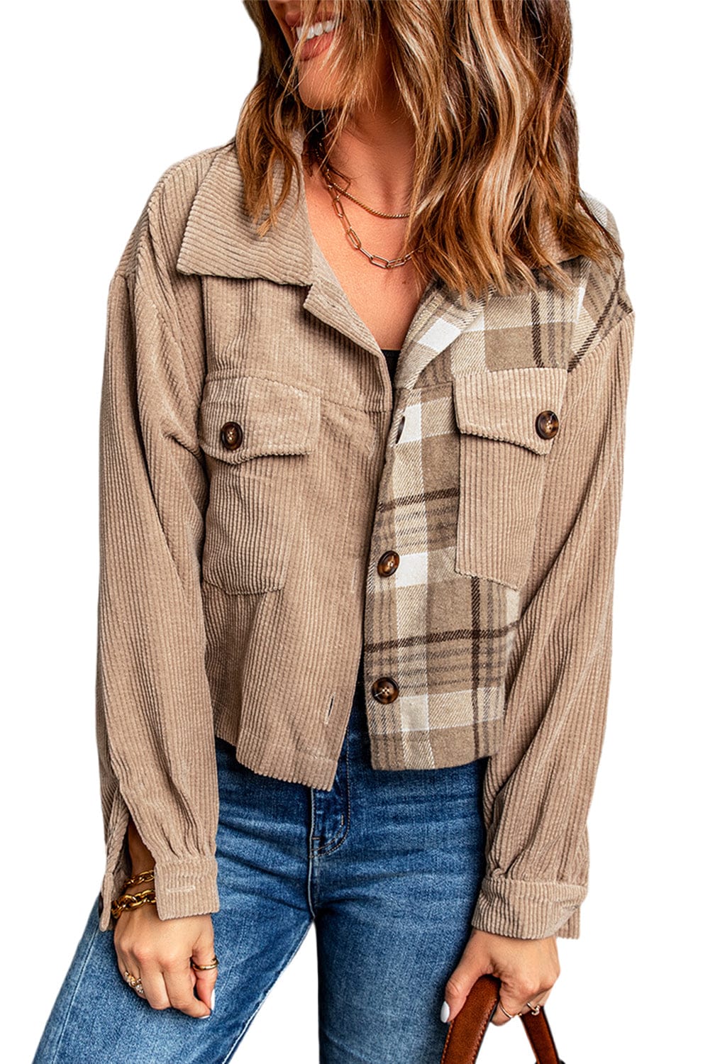 Aromel Apparel Jackets Outerwear-Plaid Corduroy Dropped Shoulder Jacket