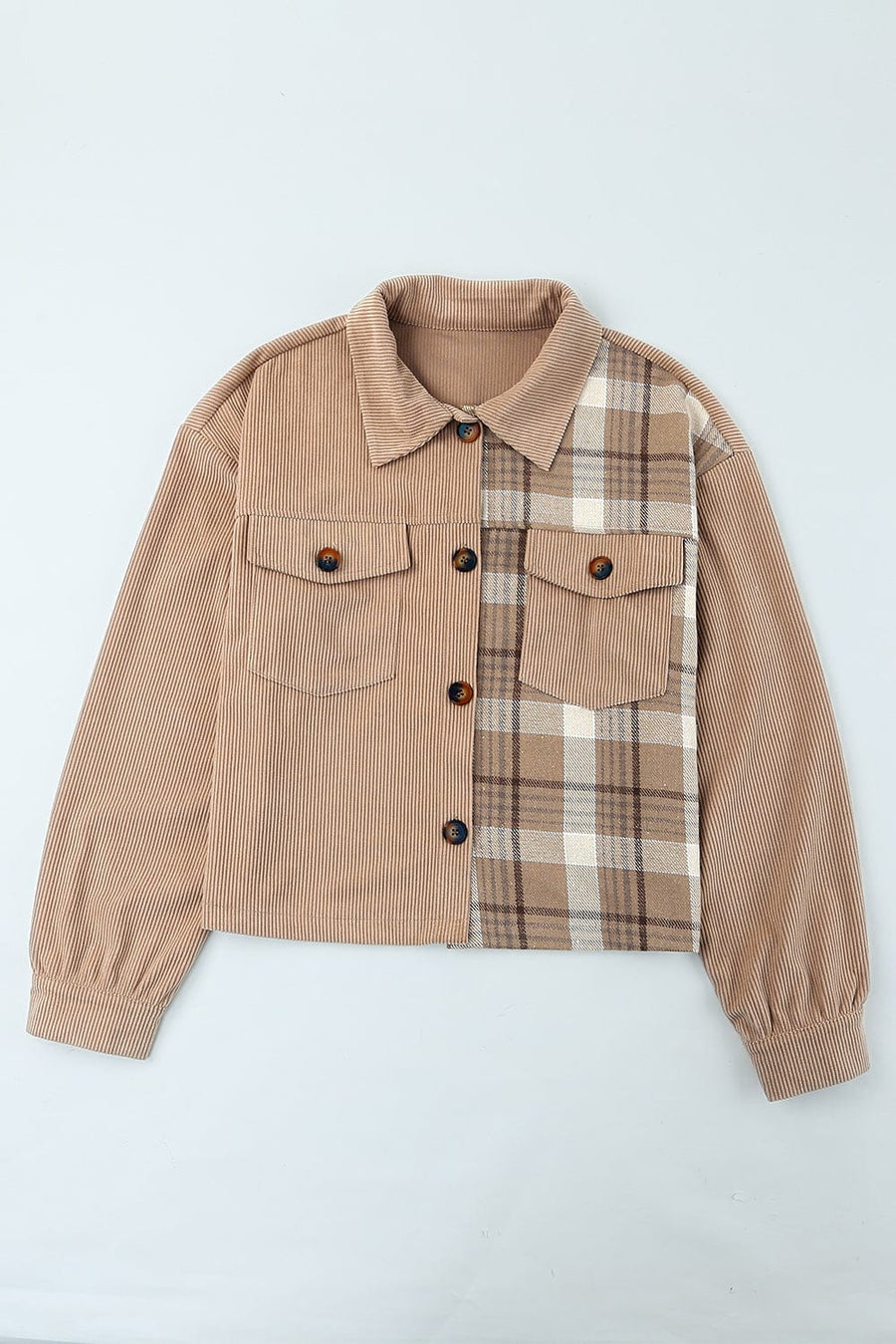 Aromel Apparel Jackets Outerwear-Plaid Corduroy Dropped Shoulder Jacket