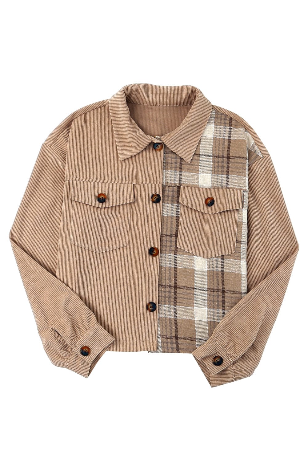 Aromel Apparel Jackets Outerwear-Plaid Corduroy Dropped Shoulder Jacket