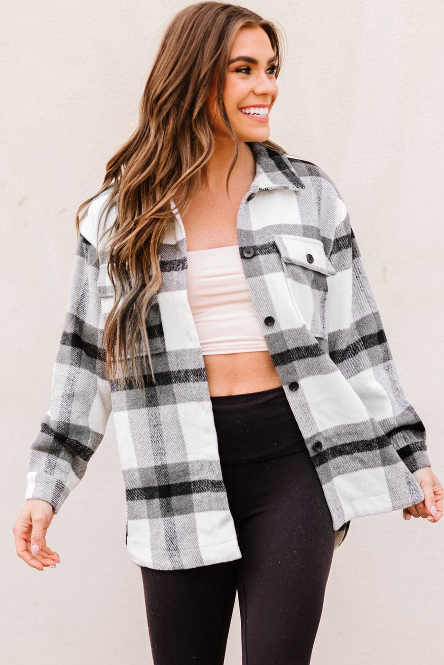 Aromel Apparel Jackets Outerwear-Plaid Dropped Shoulder Pocket Shacket