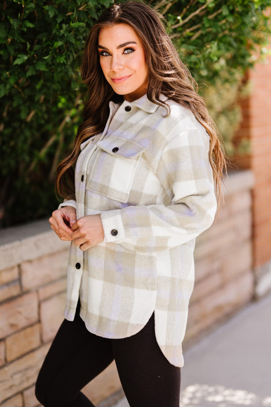 Aromel Apparel Jackets Outerwear-Plaid Dropped Shoulder Pocket Shacket