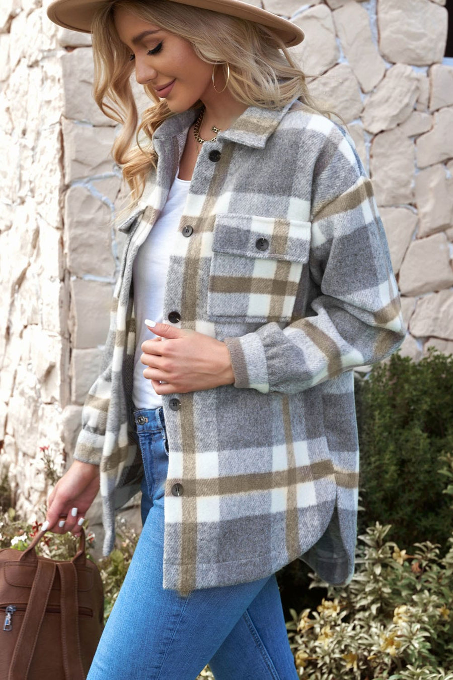 Aromel Apparel Jackets Outerwear-Plaid Dropped Shoulder Pocket Shacket