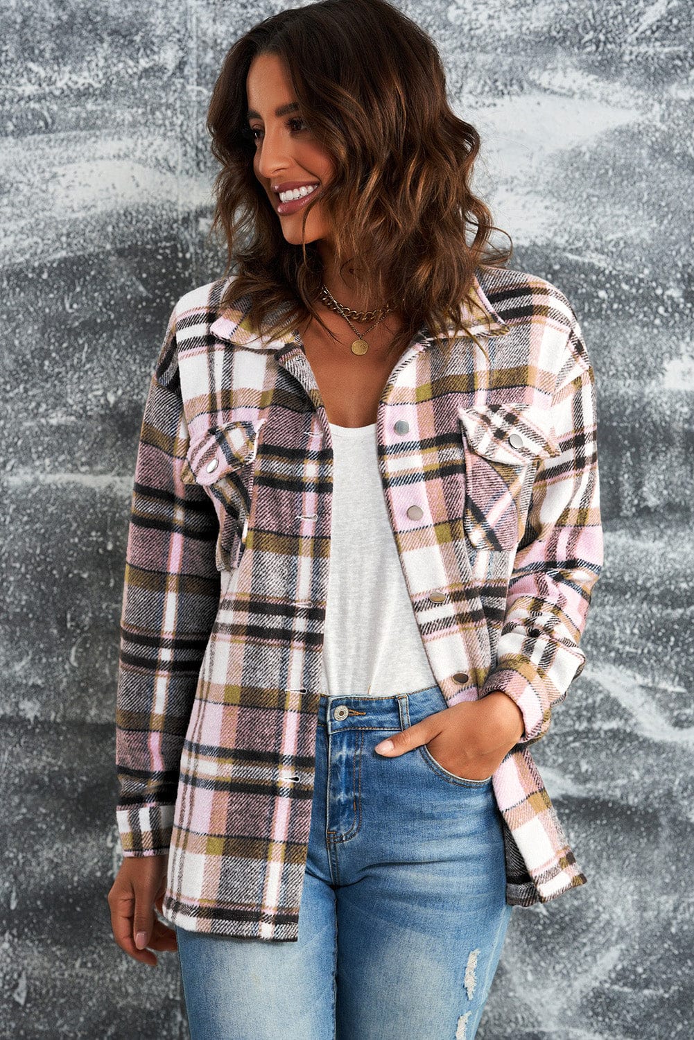 Aromel Apparel Jackets Pink / S Outerwear-Plaid Button Front Shirt Jacket with Breast Pockets