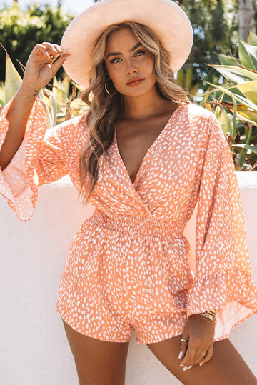 Aromel Apparel Jumpsuits & Rompers Orange / S Romper-Printed Flare Sleeve Surplice