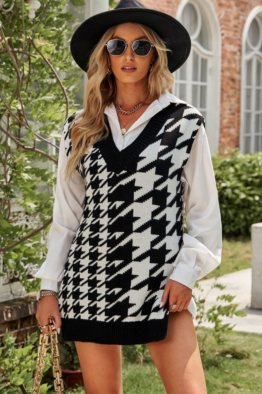 Aromel Apparel Knit Black/White / S Knit-Houndstooth Side Slit Ribbed Sweater Vest Dress