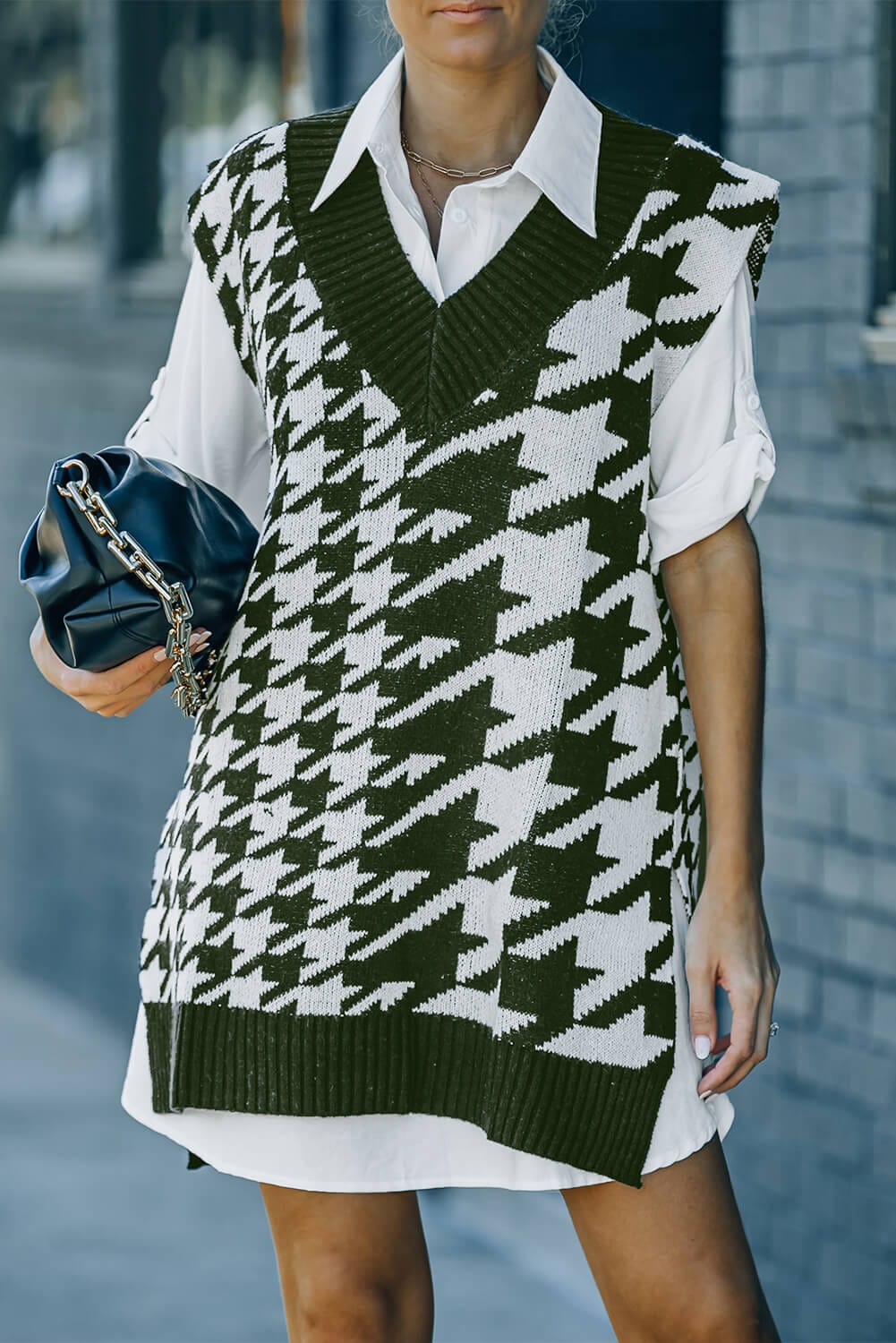 Aromel Apparel Knit Green / S Knit-Houndstooth Side Slit Ribbed Sweater Vest Dress