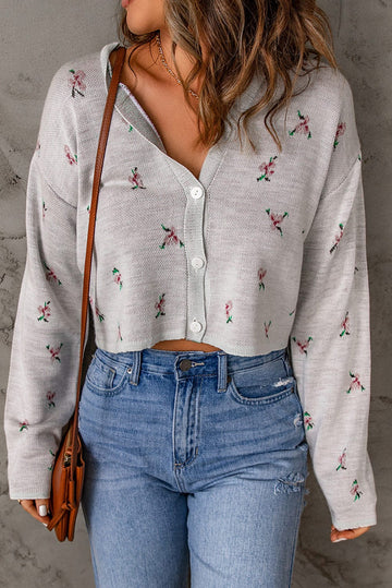 Aromel Apparel Knit Knit-Floral Button Down Cropped Cardigan