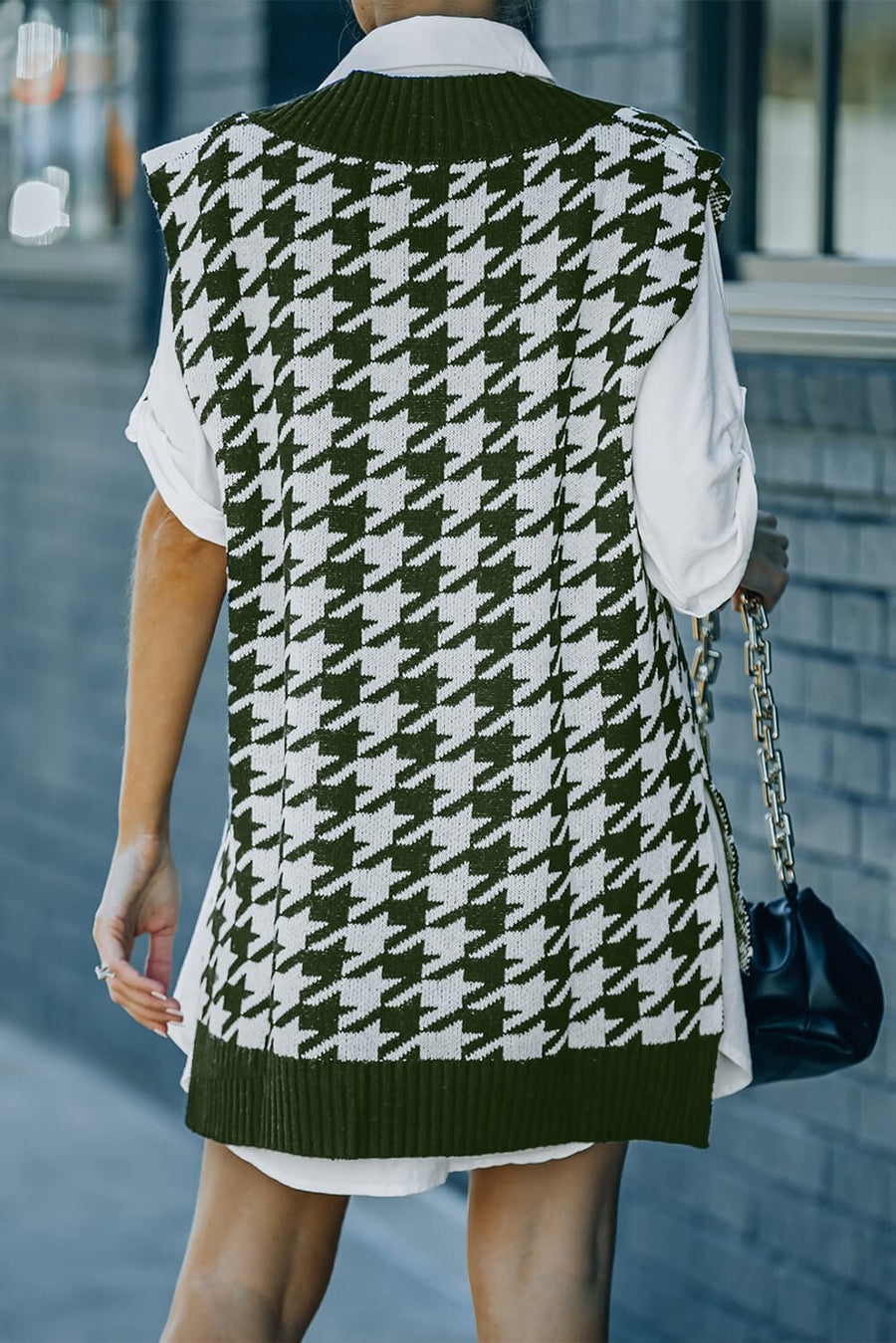 Aromel Apparel Knit Knit-Houndstooth Side Slit Ribbed Sweater Vest Dress