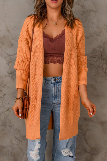 Aromel Apparel Knit Orange / S Cable-Knit Open Front Sweater Cardigan