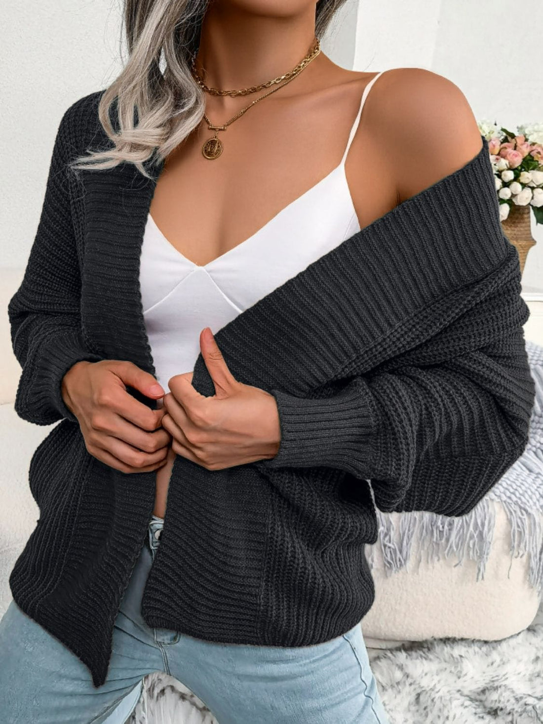 Aromel Apparel Knit top Black / S Knit-Open Front Dolman Sleeve Cardigan