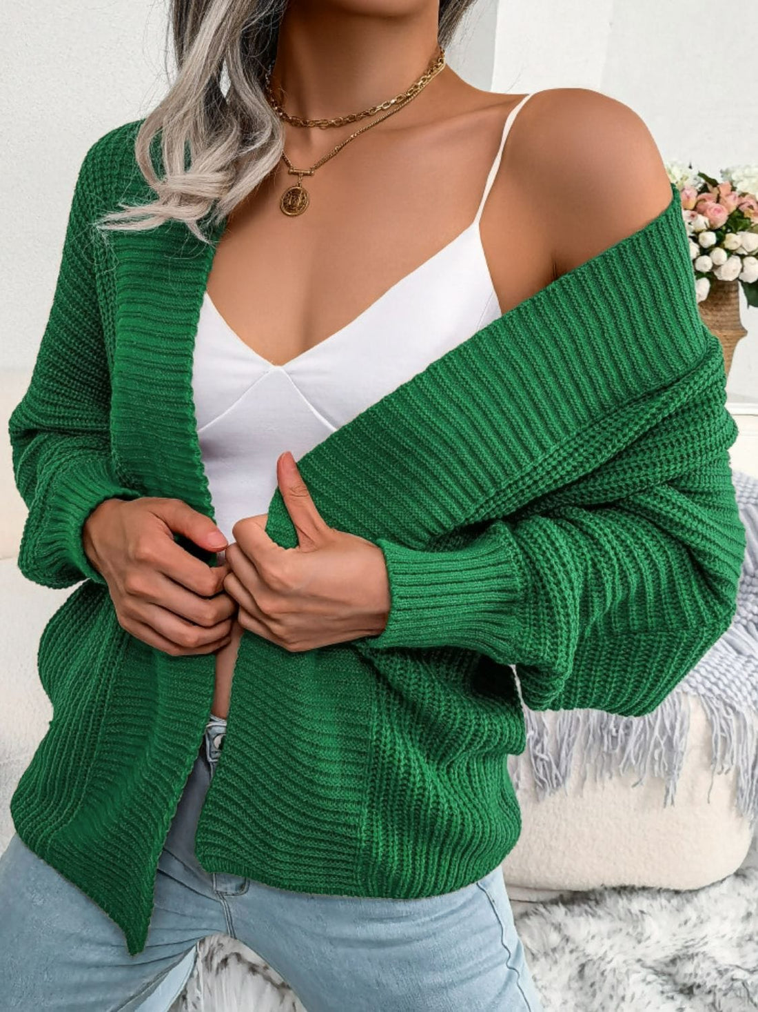 Aromel Apparel Knit top Green / S Knit-Open Front Dolman Sleeve Cardigan