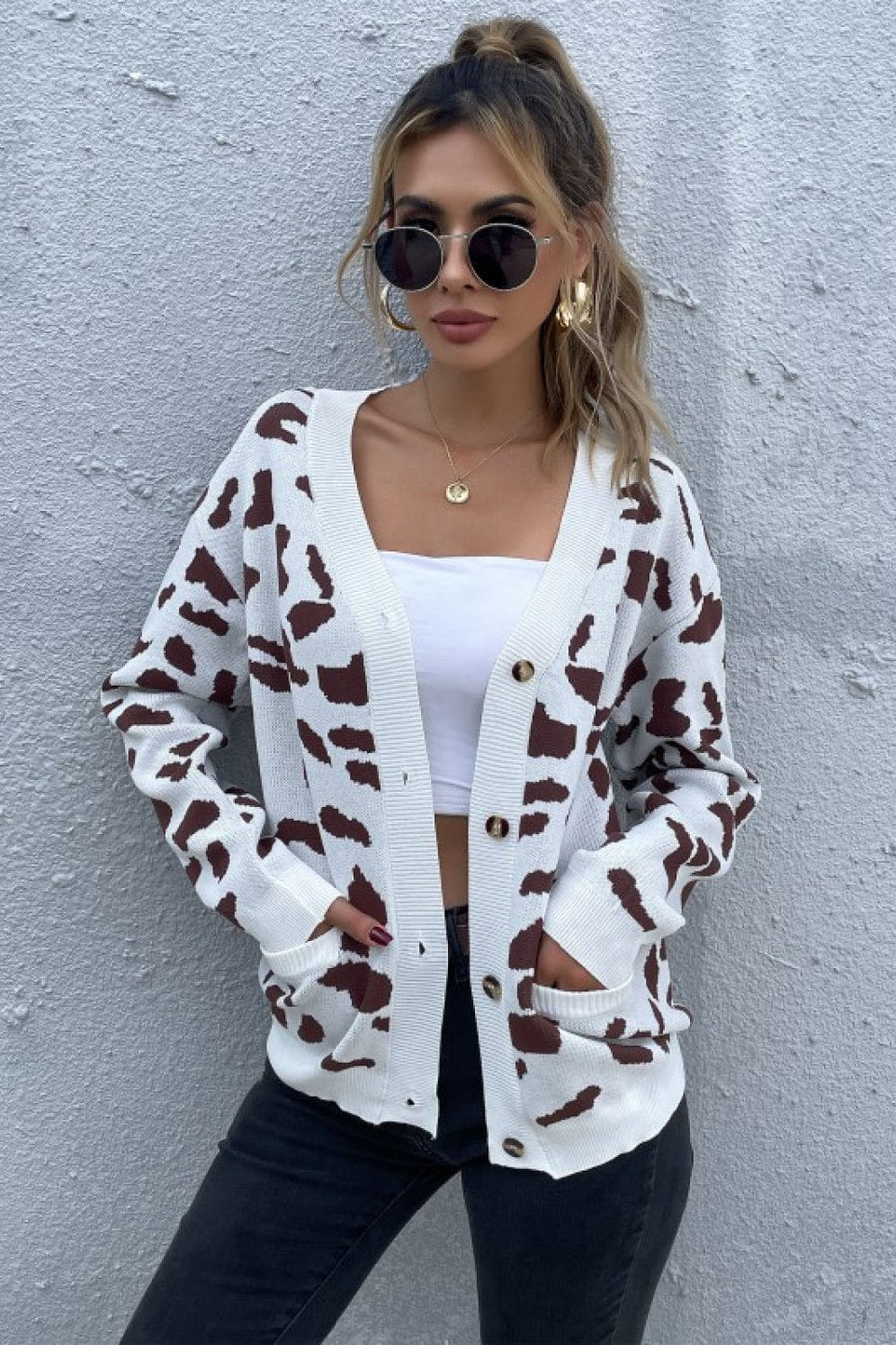 Aromel Apparel Knit White / S Knit-Animal Print Button Front Sweater Cardigan