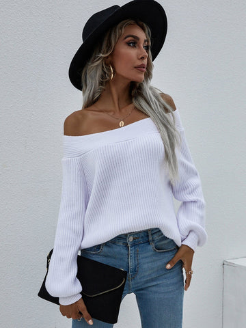 Aromel Apparel Knits White / S Knit-Off-Shoulder Rib Sweater*