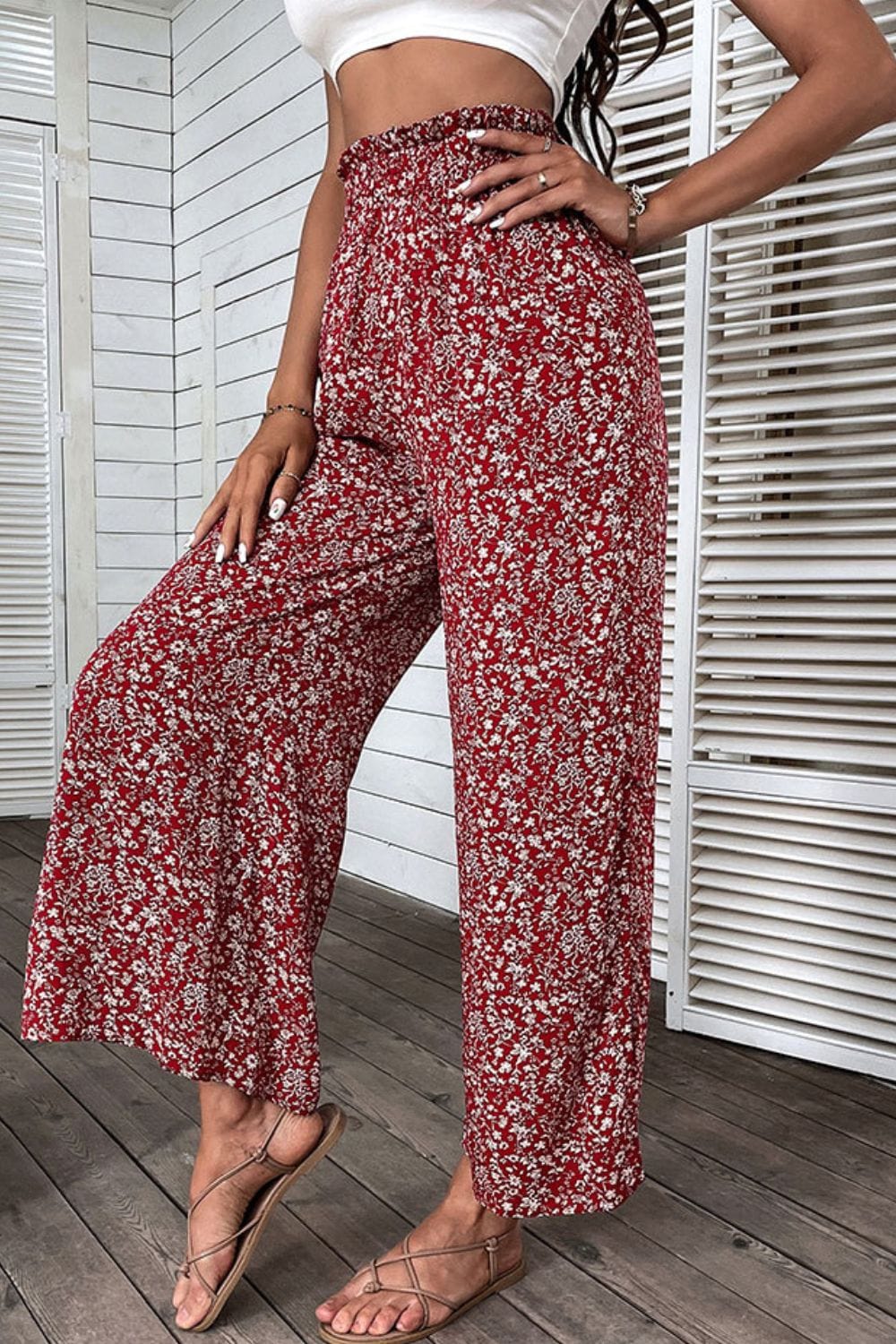 Aromel Apparel Pants Pants-Floral Slit Paperbag Waist Wide Leg Pants