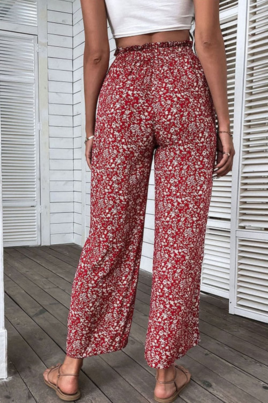 Aromel Apparel Pants Pants-Floral Slit Paperbag Waist Wide Leg Pants