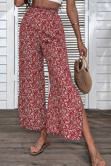 Aromel Apparel Pants Red / S Pants-Floral Slit Paperbag Waist Wide Leg Pants