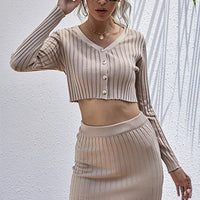 Aromel Apparel Set Apricot / S Set-Button Front Crop Sweater and Skirt