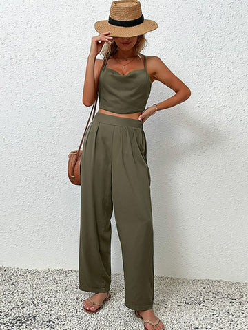 Aromel Apparel Set Sage / S Set-Crisscross Back Cropped Top and Pants