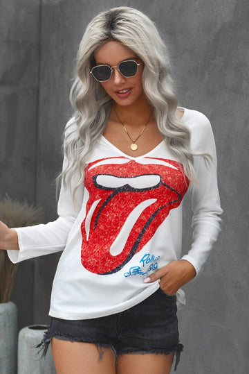 Aromel Apparel Shirts & Tops Lips Graphic V-neck T-Shirt