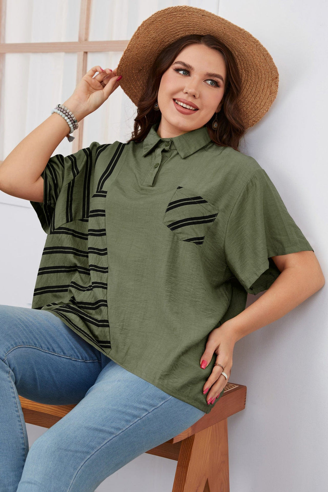 Aromel Apparel Shirts & Tops Plus Size-Lapel Loose Fit Short Sleeve Top