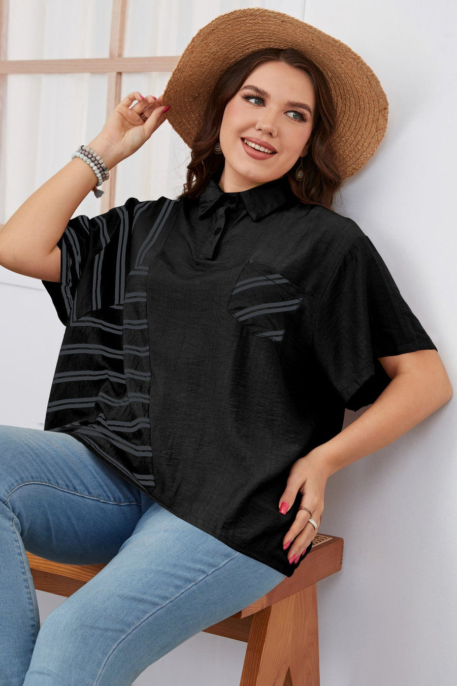 Aromel Apparel Shirts & Tops Plus Size-Lapel Loose Fit Short Sleeve Top