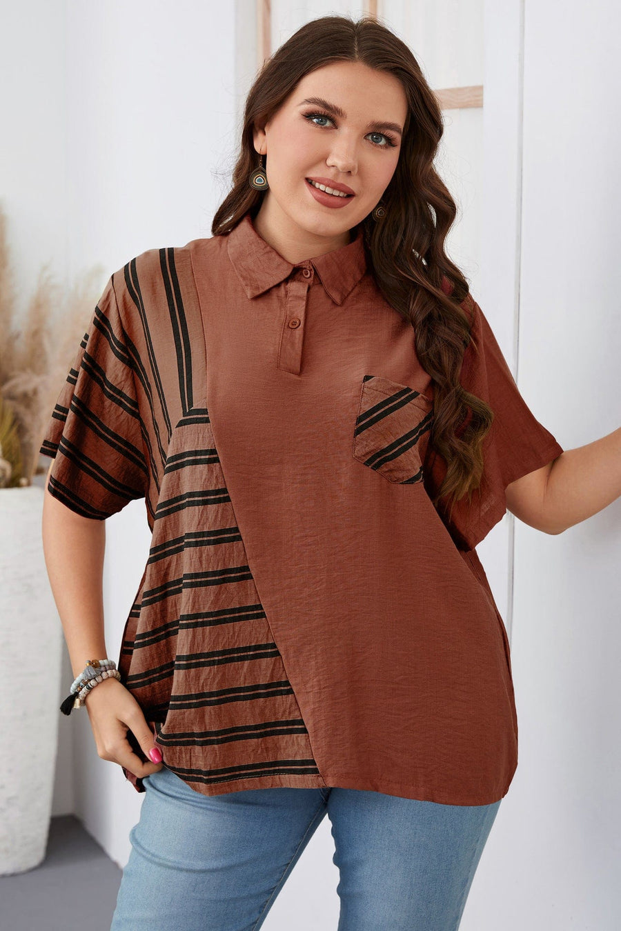 Aromel Apparel Shirts & Tops XL / Red Plus Size-Lapel Loose Fit Short Sleeve Top