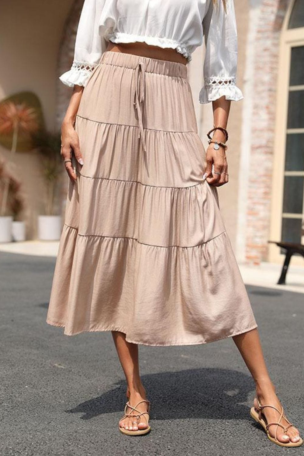 Aromel Apparel Skirts Khaki / S Skirt-Elastic Waist Tiered Midi