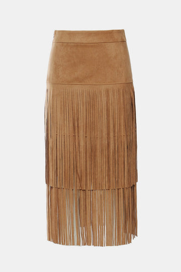 Aromel Apparel Skirts Khaki / S Skirt-Fringe Detail Faux Suede Midi