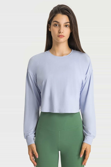 Aromel Apparel Top Blue / 4 Active-Dropped Shoulder Round Neck Cropped Sports Top