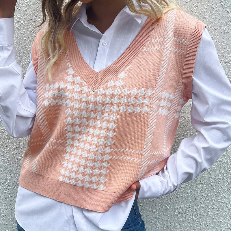 Aromel Apparel Tops Peach / S Top-Houndstooth V-Neck Sweater Vest