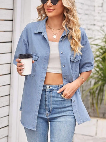 Collared Neck Short Sleeve Denim Top