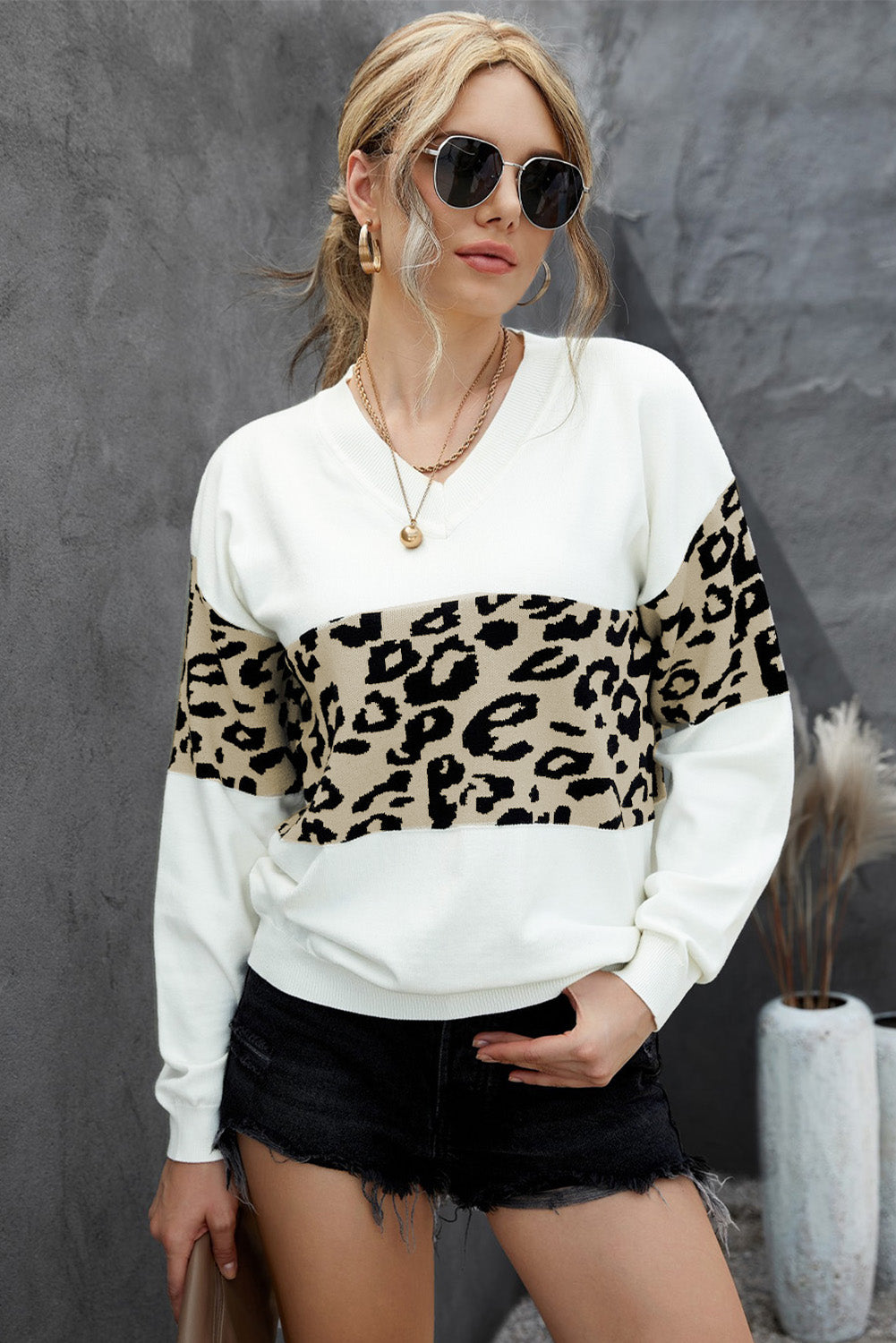 Leopard Drop Shoulder V-Neck Knit Top