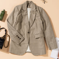 Plaid Lapel Collar Button Cuff Blazer