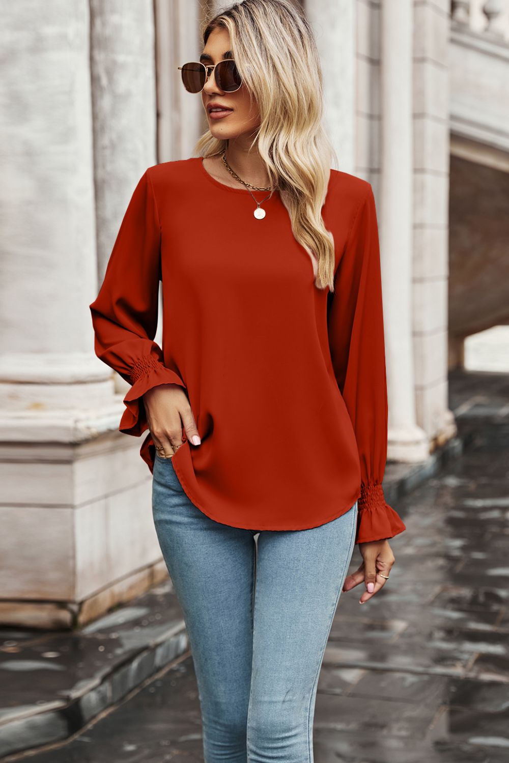 Round Neck Long Flounce Sleeve Blouse