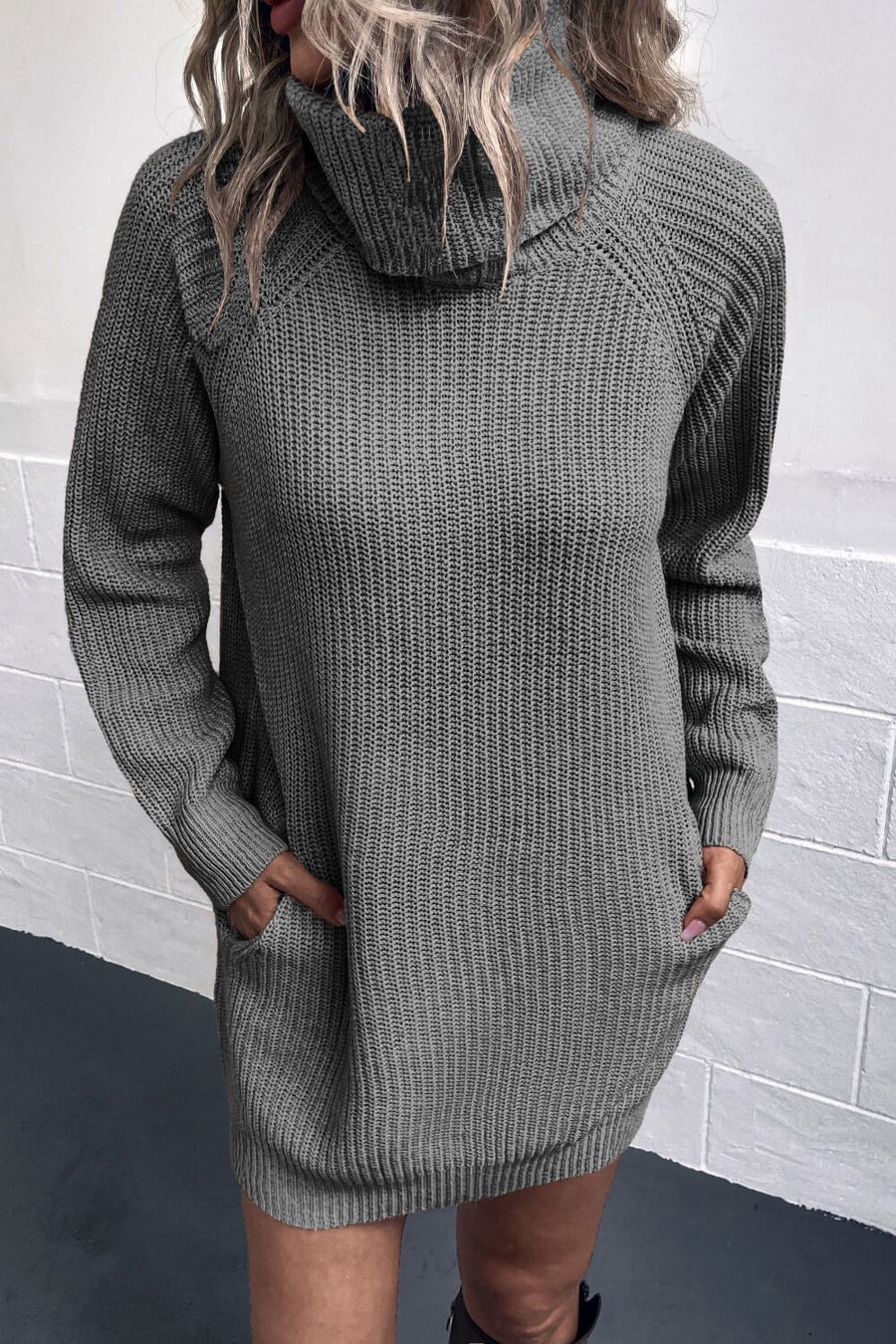 Turtleneck Raglan Sleeve Rib-Knit Dress with Pockets